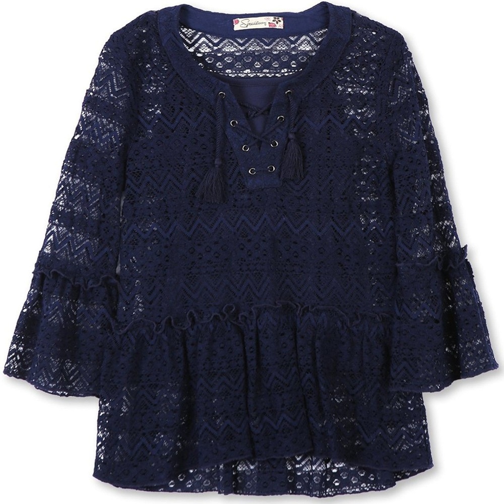 Speechless Navy Lace Bell Sleeve Tie Peasant Top S